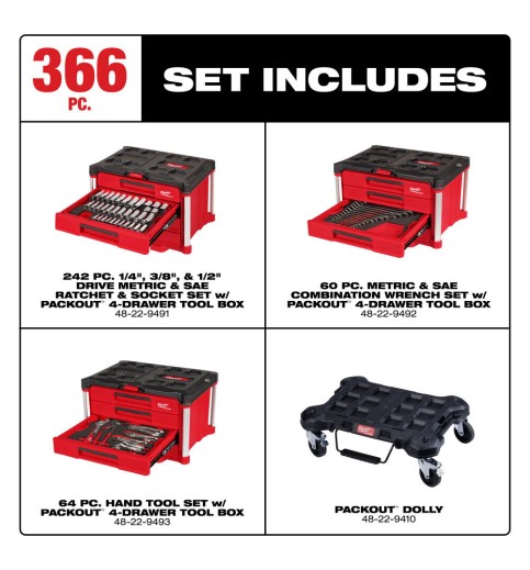 Milwaukee Master Mechanics Hand Tool Set with PACKOUT Drawers and Dolly, 366 Pieces